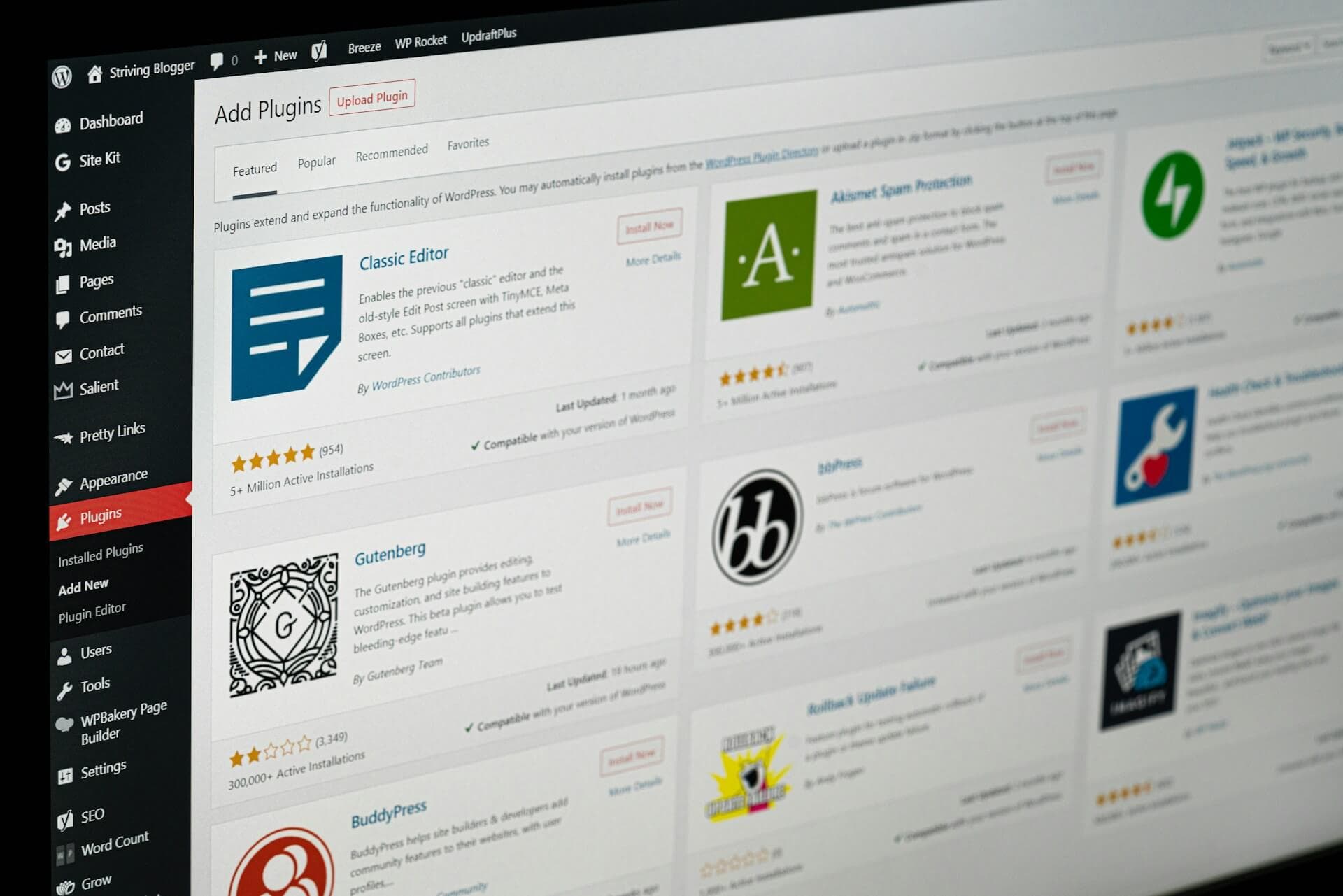 Image of a computer screen on WordPress dashboard plugins section